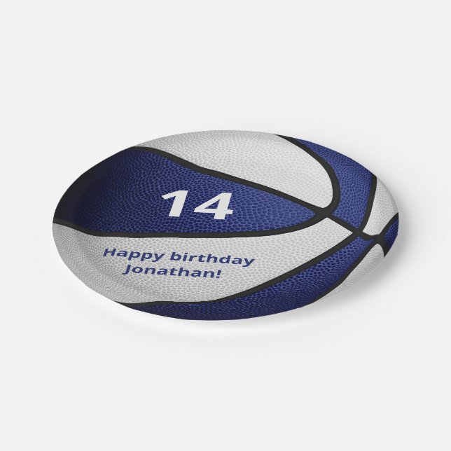 blue white basketball kids birthday celebration paper plate (Angled)