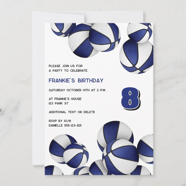 blue white basketballs kids sports birthday invitation (Front)