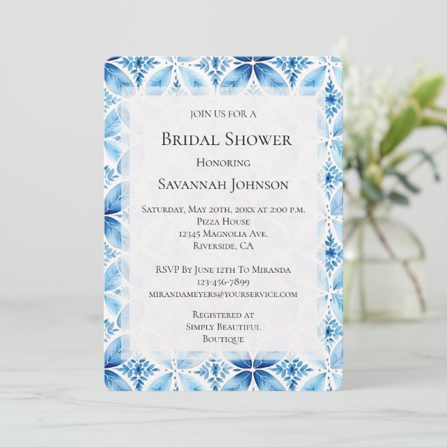 Blue White Batik Floral Bridal Shower Invitation (Standing Front)
