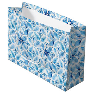 Blue White Batik Floral Bridal Shower Large Gift Bag