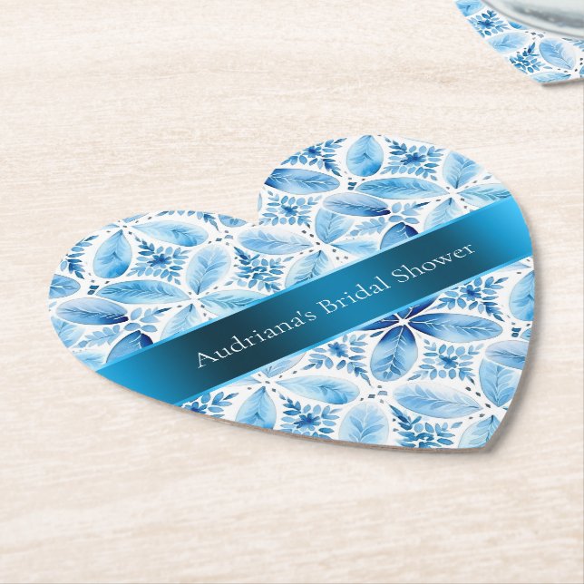 Blue White Batik Floral Bridal Shower Paper Coaster (Angled)