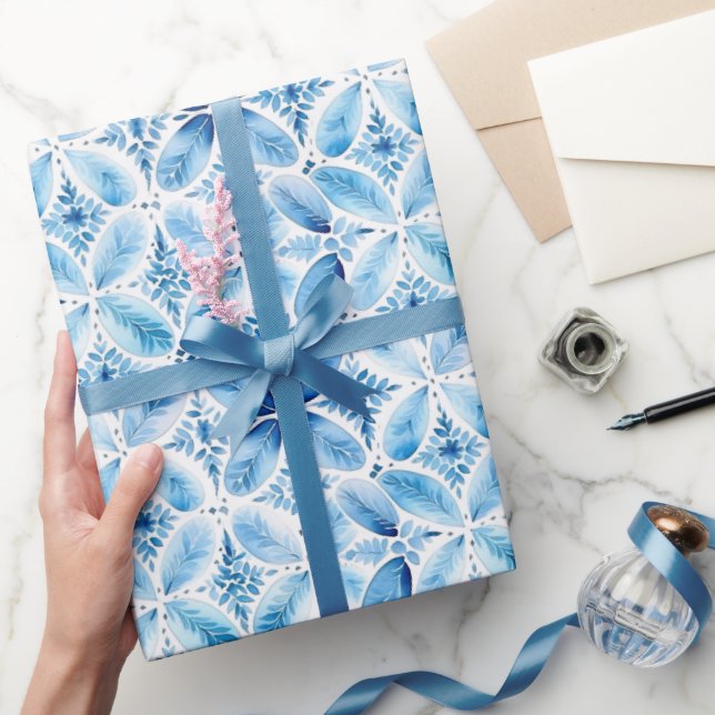 Blue White Batik Floral Bridal Shower Wrapping Paper (Gifting)