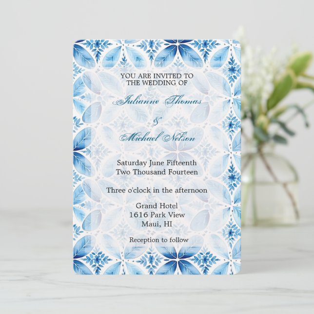 Blue White Batik Floral Wedding Invitation (Standing Front)