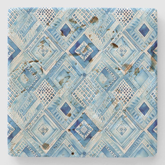 Blue White Batik Square Jewel Stone Coaster (Front)