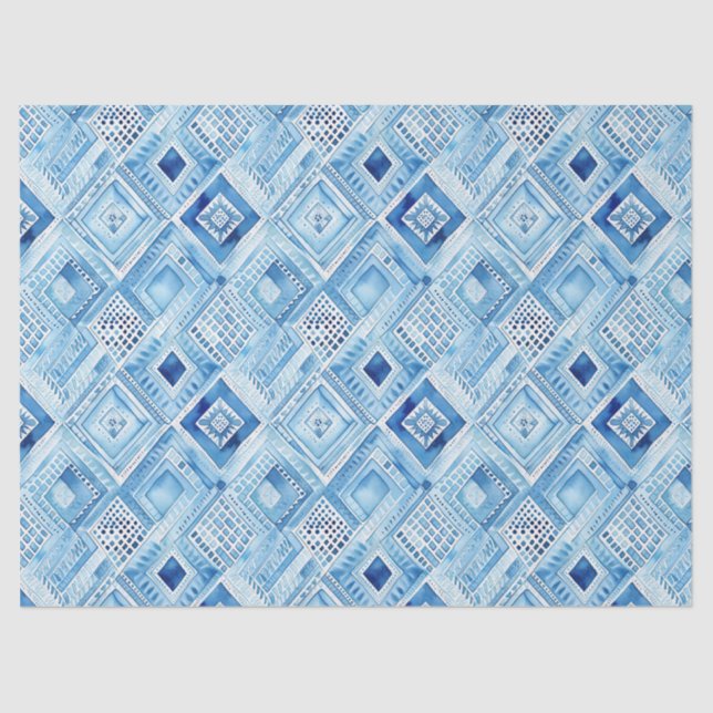Blue White Batik Square Jewel Tissue Paper (Front)