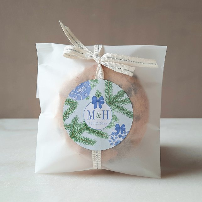 Blue White Baubles Fir Tree Holidays Wedding Classic Round Sticker (Monogram favor sticker design for Christmas wedding featuring fir tree branch and blue white baubles)