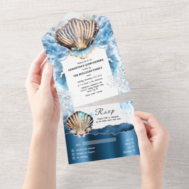 Blue white beach clam shells shiny mother of pearl all in one invitation (Tearaway)