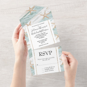 Blue White Beach Starfish Wedding All In One Invitation
