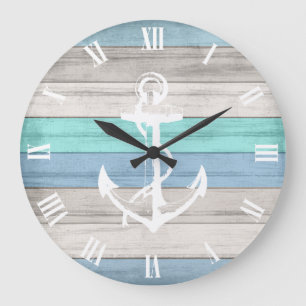 Blue & White Beach Wood Nautical Stripes & Anchor Large Clock