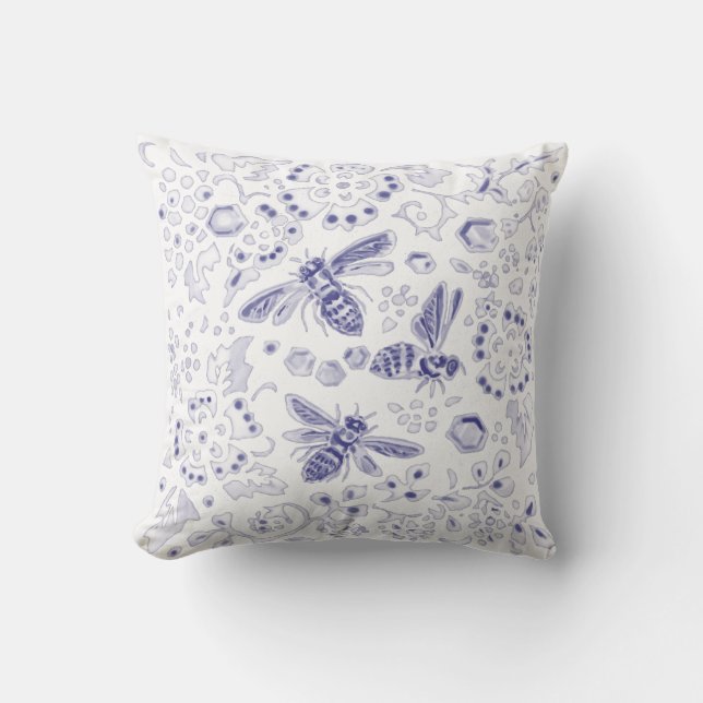 Blue White Bee Floral Unique Rustic Farmhouse  Cushion (Front)