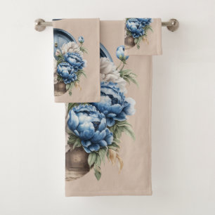 Blue, White & Beige Vintage Peony Towel Set
