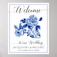 Blue White Bird Chinoiserie Floral Welcome Wedding