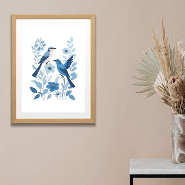 Blue White Birds and Floral Flowers Watercolor  Poster (Blue Birds and Flowers Watercolor Blue White Floral Botanical Nature Wall Art Poster Print)