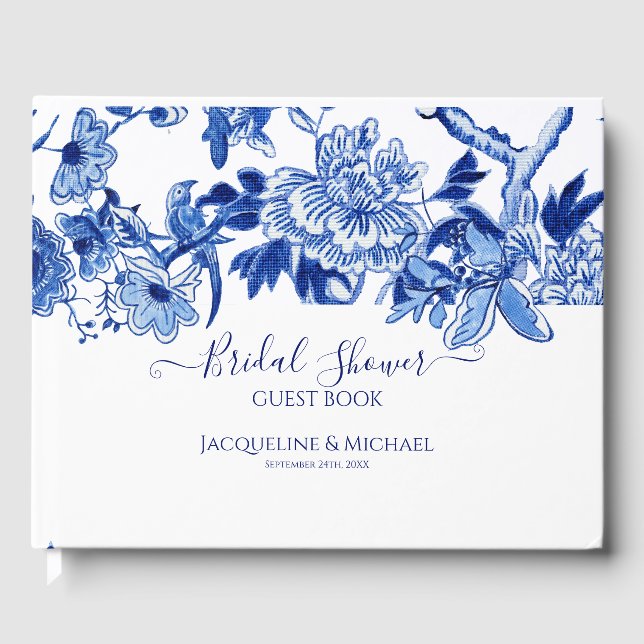 Blue White Birds Floral n Foliage Bridal Shower Guest Book (Front)