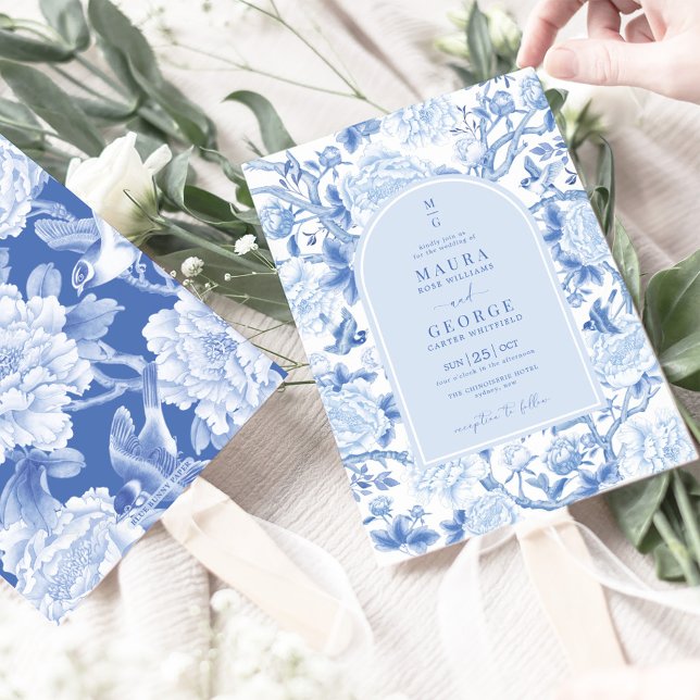 Blue White Birds Peony Chinoiserie Garden Wedding Invitation (Creator Uploaded)