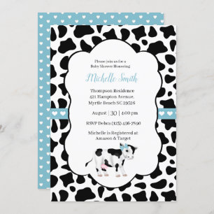 Blue White Black Cow Print Baby Shower Invitation