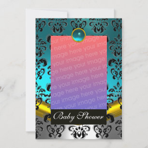 BLUE WHITE BLACK DAMASK BABY SHOWER MONOGRAM INVITATION