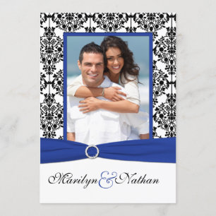 Blue, White, Black Damask Photo Wedding Invitation
