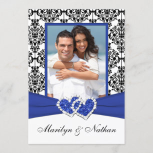 Blue, White, Black Damask Photo Wedding Invitation