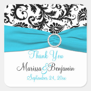 Blue, White, Black Damask Wedding Favour Sticker