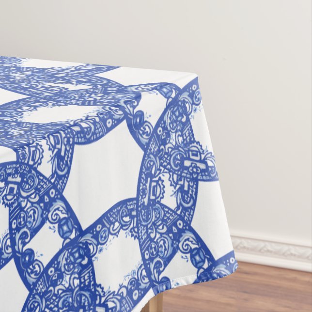 Blue & White Blue Willow Border Circle Pattern Tablecloth (In Situ)