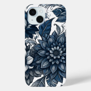 Blue & White Bohemian Floral Print iPhone 15 Case