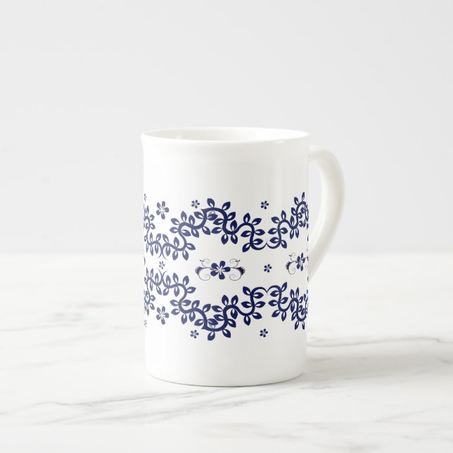 Blue & White Bone China Mug - Elegant (Front Right)