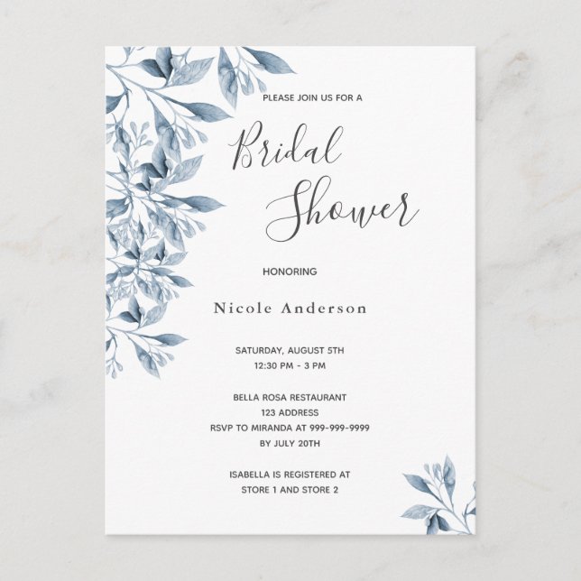 Blue white botanical Bridal Shower invitation Postcard (Front)