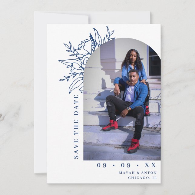 Blue & White Botanical Floral Arch Photo Wedding Save The Date (Front)