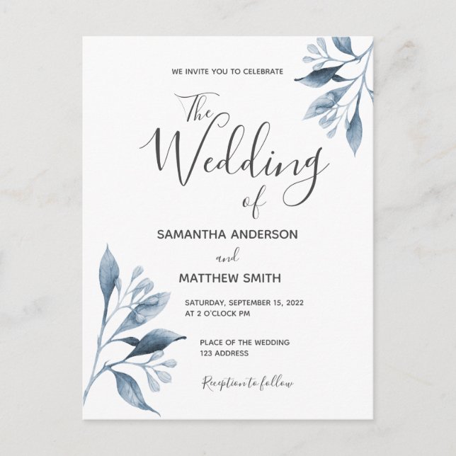 Blue white botanical foliage wedding invitation postcard (Front)