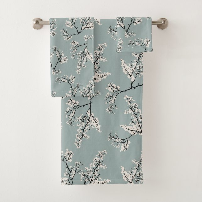 Blue White Botanical Leaves Floral Flowers Gift Bath Towel Set (Insitu)