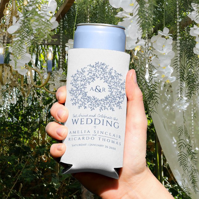 Blue white botanical monogram wedding photo  seltzer can cooler (Creator Uploaded)