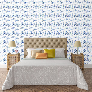 Blue White Botanical Nordic-Inspired Pattern Wallpaper