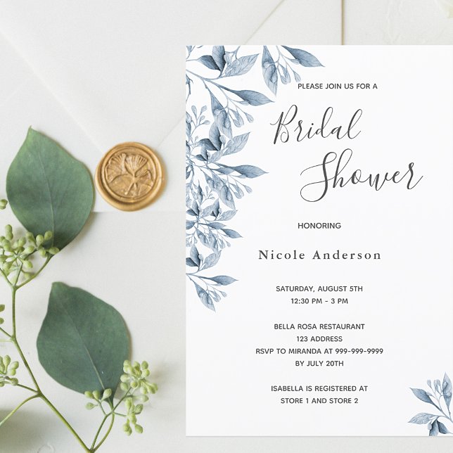 Blue white botanical script Bridal Shower Invitation (Creator Uploaded)