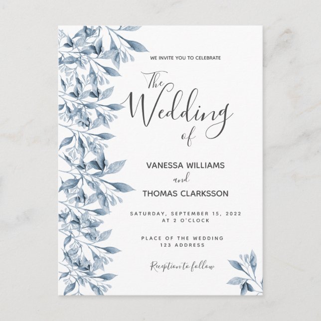Blue white botanical wedding invitation postcard (Front)