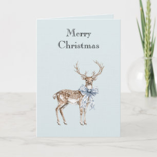 Blue White Bow Christmas Deer Card