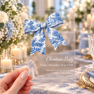 Blue white bow french toile Christmas Party Acrylic Invitations