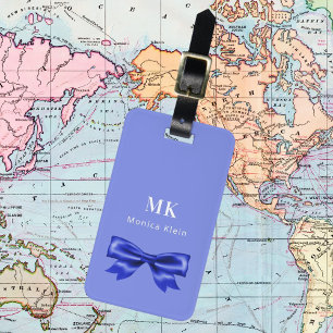 Blue white bow monogram initials elegant luggage tag