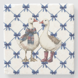 Blue White Bows Geese Christmas Stone Coaster