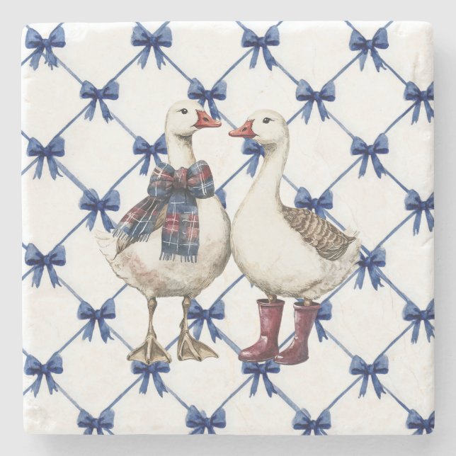 Blue White Bows Geese Christmas Stone Coaster (Front)