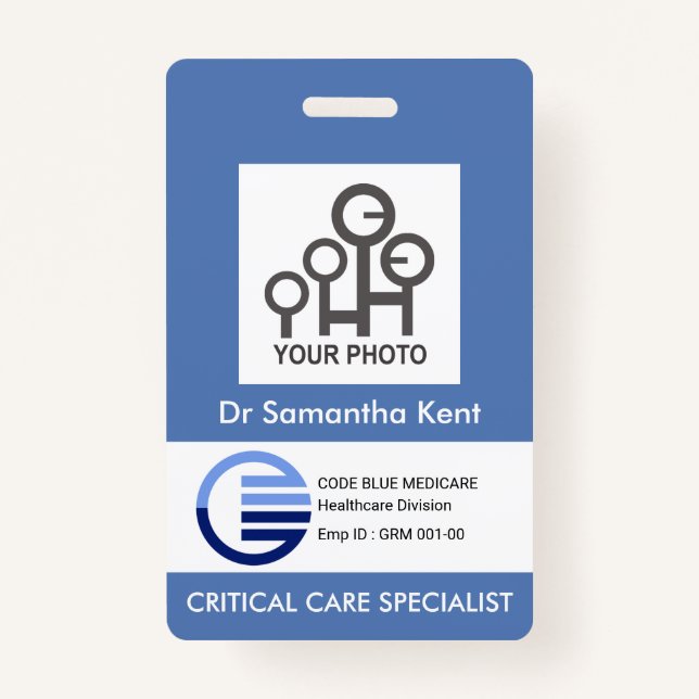Blue White Box Photo Template Medical Staff ID ID Badge (Front)