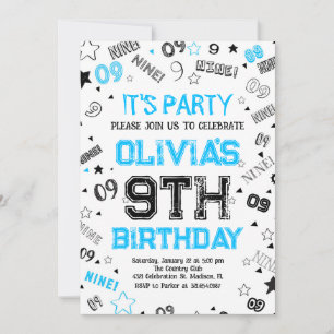Blue White Boy Number Nine Birthday Party Invitation