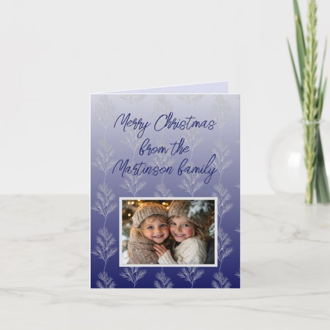 Blue White Branches Pattern Photo Christmas  Holiday Card (Front)