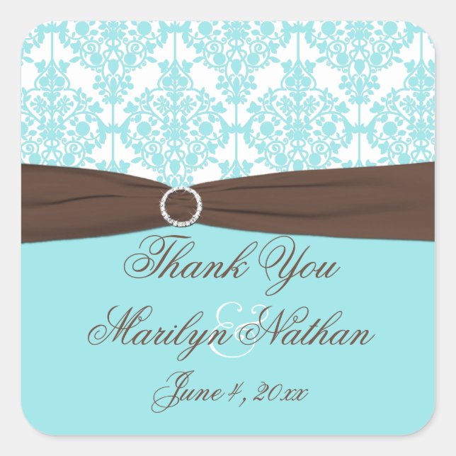 Blue, White, Brown Damask Wedding Favour Sticker (Front)