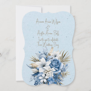 Blue White Brown Floral Wedding Bouquet Invitation