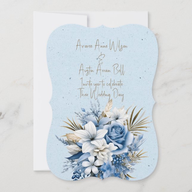 Blue White Brown Floral Wedding Bouquet Invitation (Front)