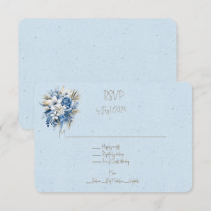 Blue White Brown Floral Wedding Bouquet RSVP Card