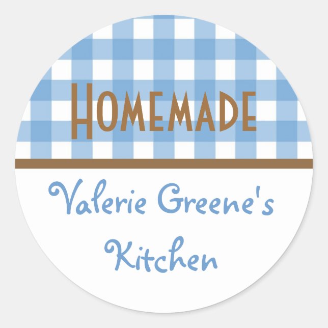 Blue white brown gingham homemade food label seal (Front)