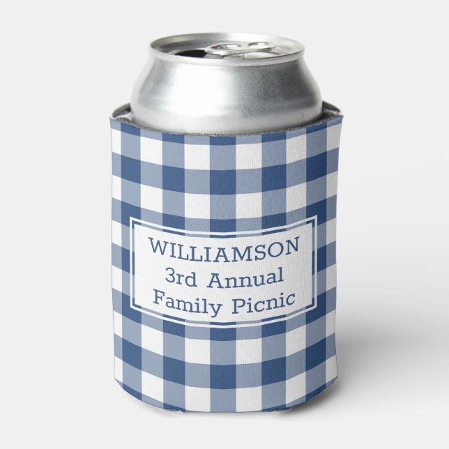 Blue White Buffalo Check Custom Name Family Picnic Can Cooler (Can Front)