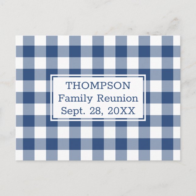 Blue White Buffalo Check Family Reunion Party Invitation Postcard (Front)
